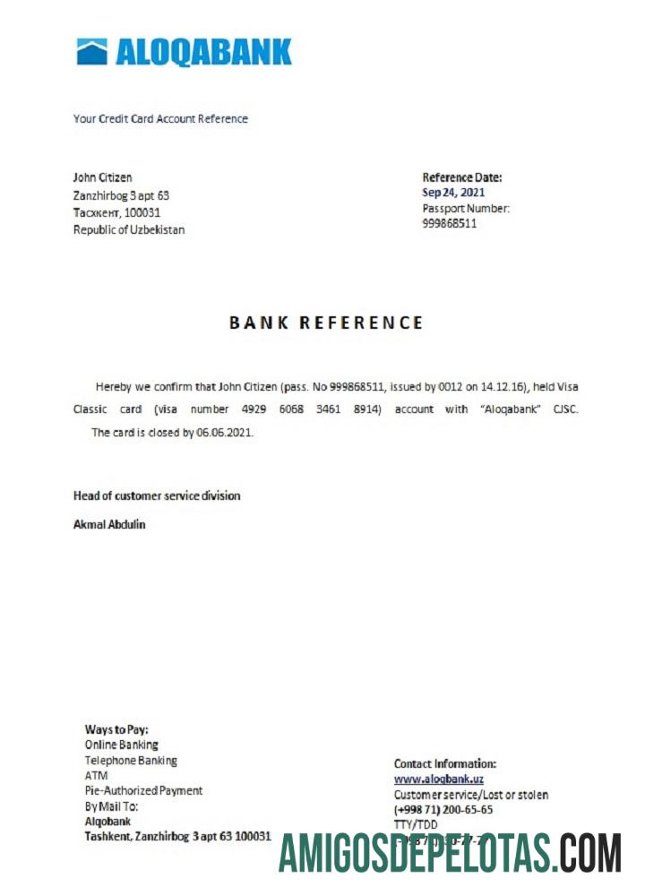 Referência de fechamento do Uzbequistão Aloqabank amostra